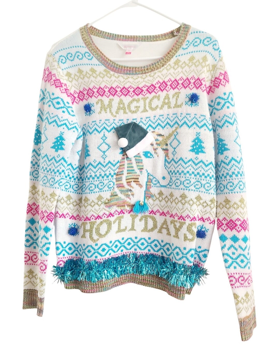 No Boundaries Magical Holidays Unicorn Sweater - White, Teal & Pink,Large